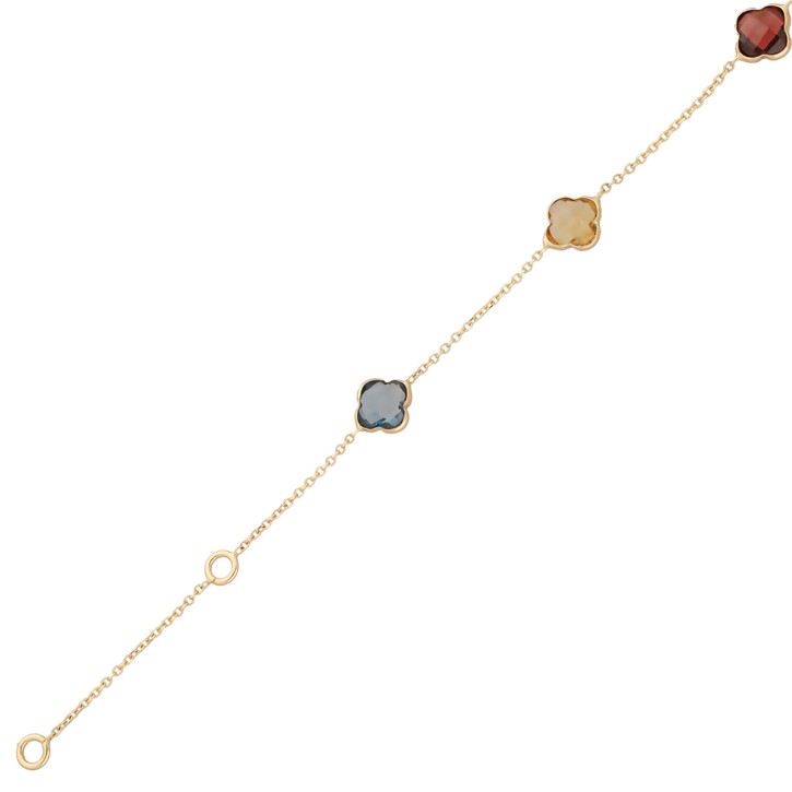 Fußkette 585 Gelbgold Kleeblatt Blumen Edelsteine 22-25cm