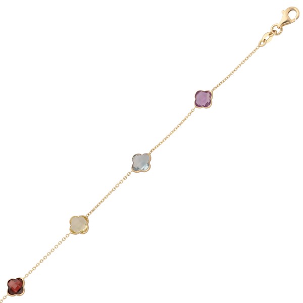 Fußkette 585 Gelbgold Kleeblatt Blumen Edelsteine 22-25cm