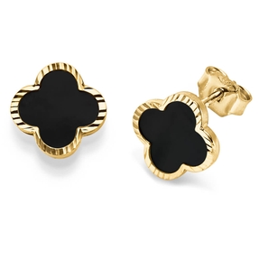 Paar Ohrstecker Kleeblatt Blumen 10,5mm Onyx schwarz 585 Gold Gelbgold schlicht