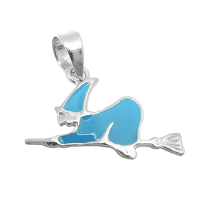 Anhänger Halsschmuck Hexe auf dem Besen blau lackiert 925 Silber Anhänger Halsschmuck Hexe auf dem Besen blau lackiert 925 Silber