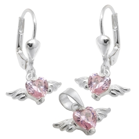 Set Anhänger & Ohrringe Herz aus Zirkonia pink mit Flügeln 925 Silber