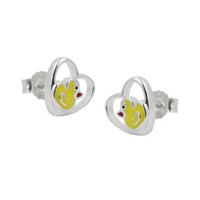 Ohrstecker Stecker kleine Ente im Herz gelb lackiert 925 Silber Kinder