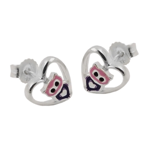 Ohrstecker Ohrringe kleine Eule im Herz lila lackiert 925 Silber Kinder