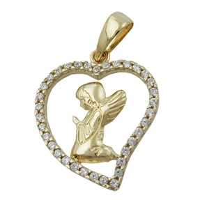 Pendant Angel in Heart with White Zirconia 375 Yellow Gold Angel Motif Ladies
