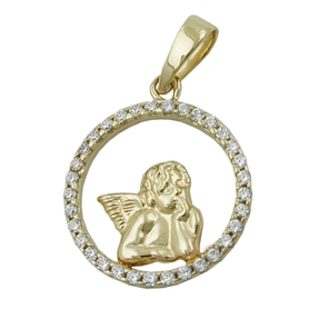 Anhänger Engel im Kreis mit Zirkonia weiß 375 Gold Gelbgold Engelmotiv Damen