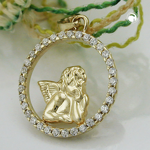 Anhänger Engel im Kreis Zirkonia 375 Gelbgold