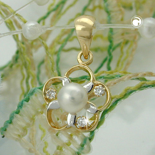 Anhänger Blume mit Perle Zirkonia 375 Gold