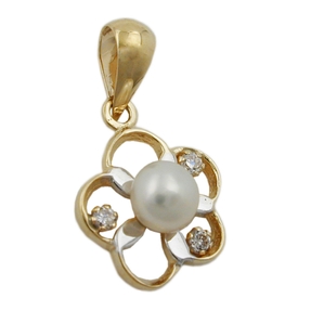 Anhänger Blume mit Süßwasser Zuchtperle 4mm & Zirkonia weiß 375 Gelbgold Damen