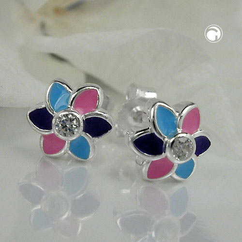 Ohrstecker Blumen aus 925 Silber blau-lila-pink