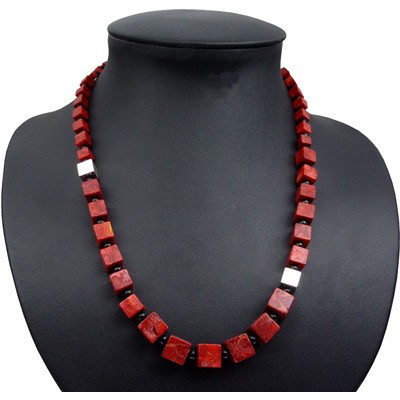 Asymmetrische Kette Koralle Onyx und 925 Silber