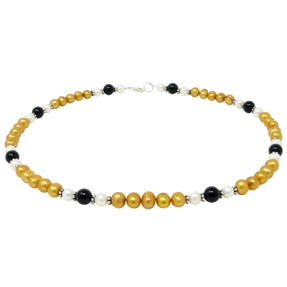 Kette Collier Halskette aus Perlen Süßwasser-Zuchtperlen & Onyx gelb-schwarz-weiß 48cm
