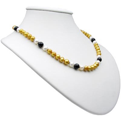 Kette aus Perlen und Onyx gelb-schwarz-weiß