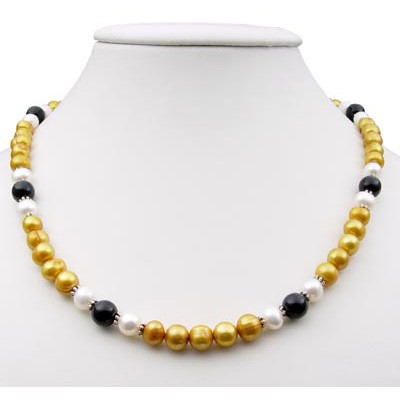 Kette aus Perlen und Onyx gelb-schwarz-weiß