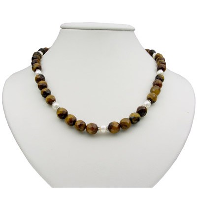 Kette aus Tigerauge und Perlen 925 Silber