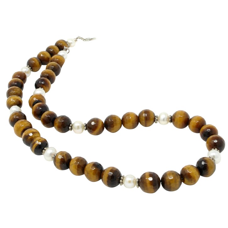 Kette aus Tigerauge und Perlen 925 Silber