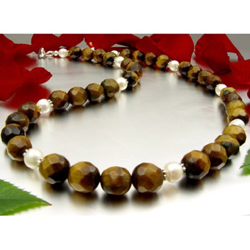 Kette aus Tigerauge und Perlen 925 Silber