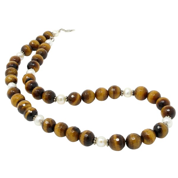 Kette aus Tigerauge und Perlen 925 Silber