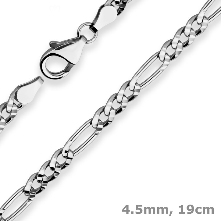 4.5mm Armband Figarokette diamantiert aus 925 Silber rhodiniert