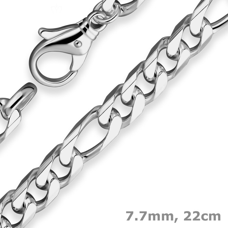 7.7mm Armband Figarokette diamantiert aus 925 Silber rhodiniert