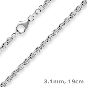3,1mm Armband Kordelkette massiv Armschmuck aus 925 Silber rhodiniert 19cm