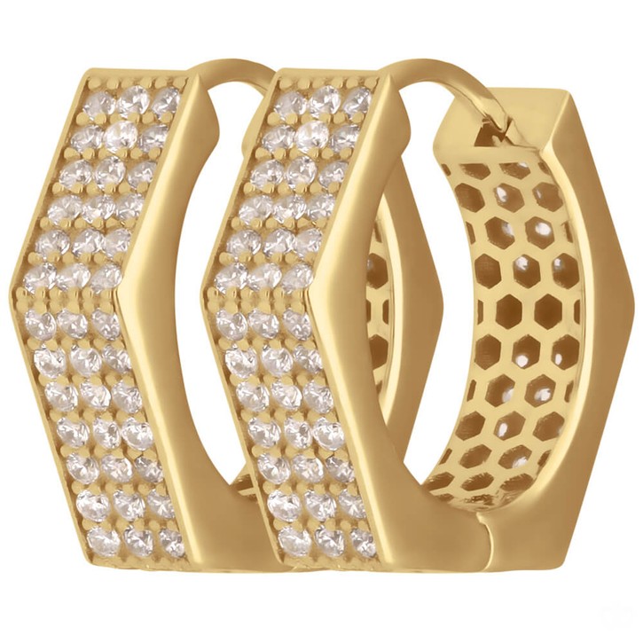 Paar Creolen mit Zirkonia sechskant aus 585 Gelbgold 15.5x4.3mm