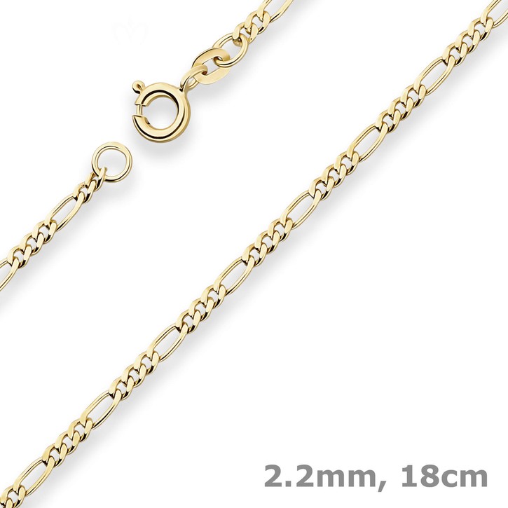 2.2mm Armband Figarokette diamantiert aus 585 Gelbgold 18cm