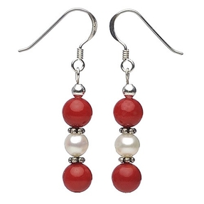 Ohrringe Ohrhänger aus Koralle & Süßwasserperlen & 925 Silber, rot-weiß, Ohrschmuck für Damen