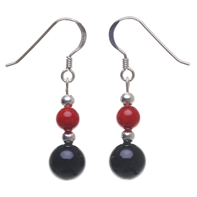 Ohrringe Ohrhänger aus Koralle & Onyx rot schwarz 925 Silber, Ohrhaken Ohrschmuck