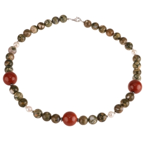 Kette Collier aus Rhyolith Rot-Jaspis Perlen 925 Silber grün braun Damen