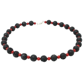 Halskette aus Lava & Koralle schwarz-rot 925 Silber 51cm Collier Halsschmuck