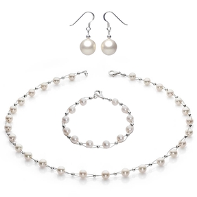 Perlenkette Collier Armband Ohrringe Schmuck-Set weiß echte Perlen Hochzeit Damen Frauen Brautschmuck