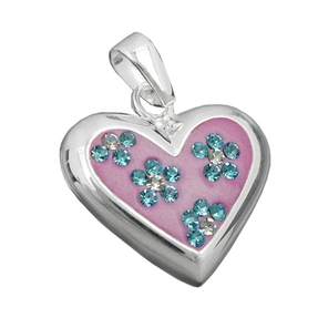 Anhänger Herz mit Zirkonia 925 Silber rosa mit hellblauen Blüten Damen Anhänger Herz mit Zirkonia 925 Silber rosa mit hellblauen Blüten Damen