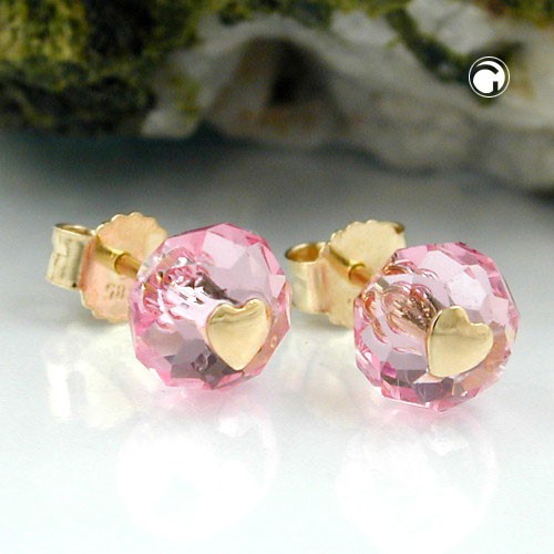 Ohrstecker Glas rosa Herz aus 585 Gold für Damen