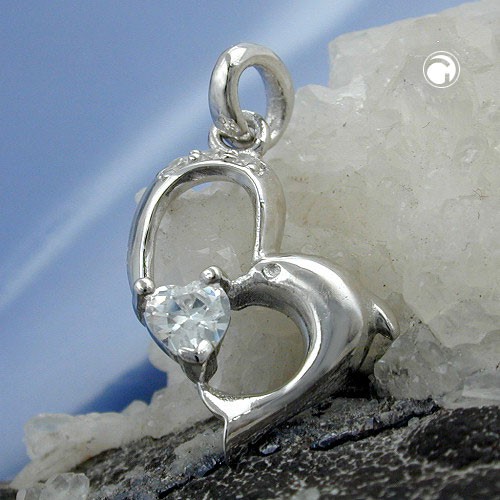 Anhänger Delfin mit Zirkonia als Herz 925 Silber