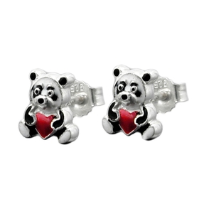 Ohrstecker Stecker Panda Bär mit Herz farbig lackiert 925 Silber Kinder