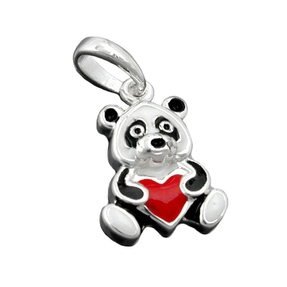 Anhänger Panda Bär Bärchen mit Herz farbig lackiert 925 Silber für Kinder