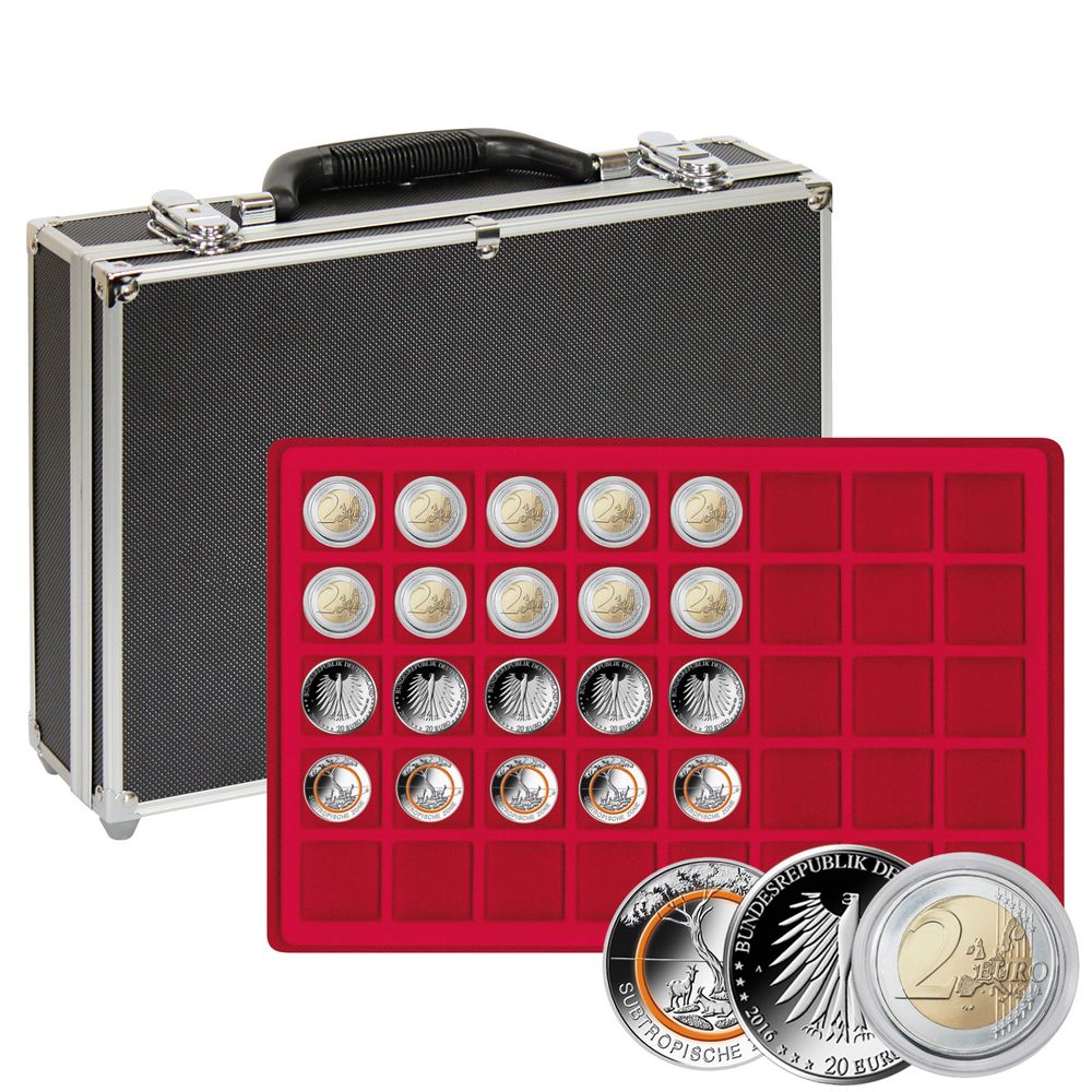 Large coin collection case with 8 red coin trays for 320 coins or