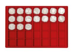 Grande valise numismatique de collection avec 8 plateaux rouges en 5 variantes différentes, pour 355 monnaies