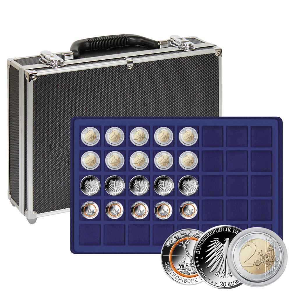 Large coin collection case with 8 dark blue coin trays for 320