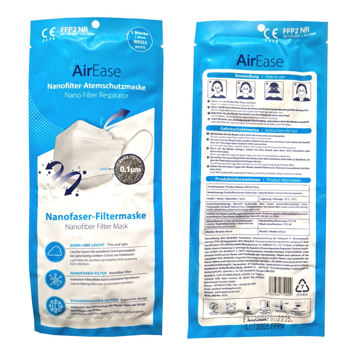 AirEase FFP2 Nanofilter Respirator Mask