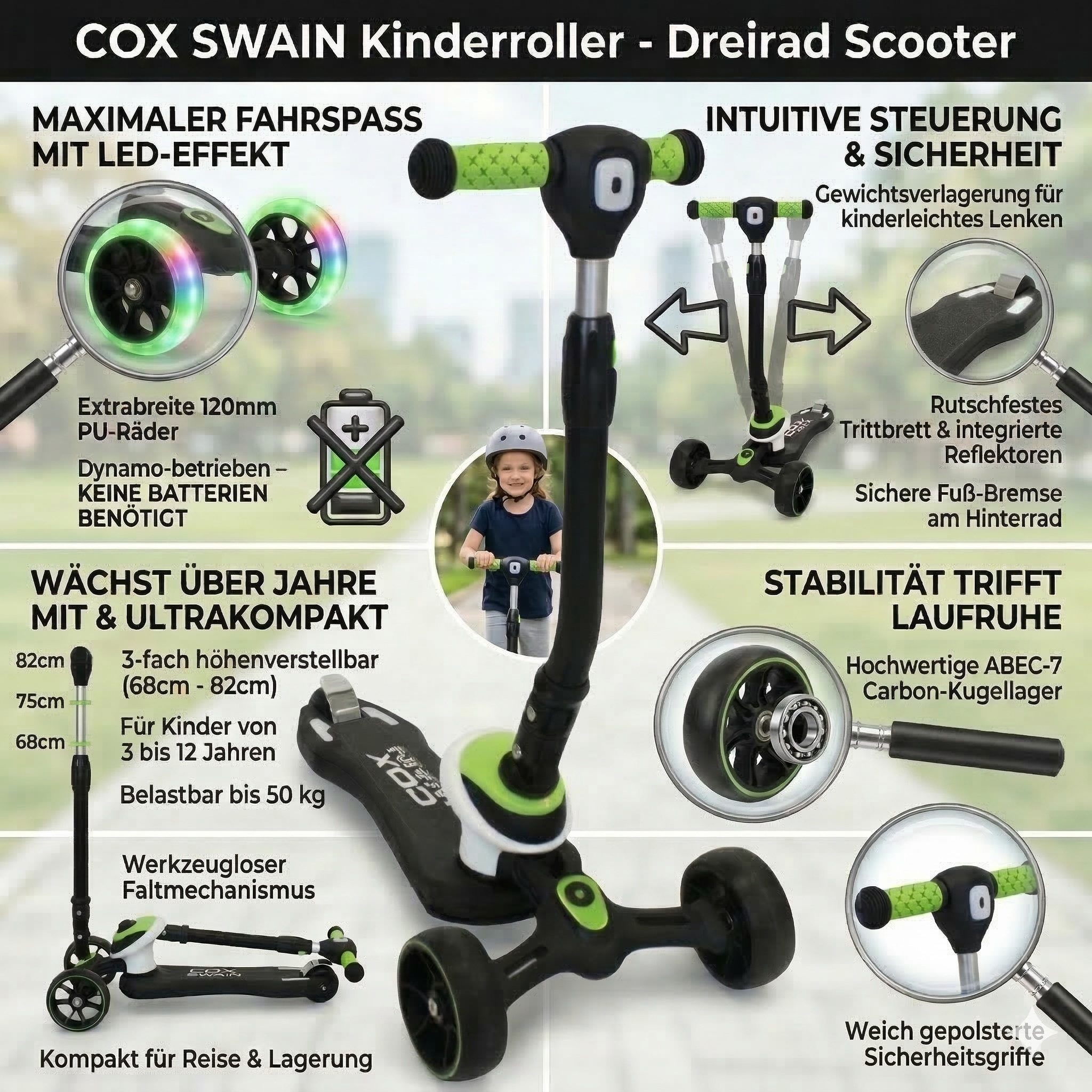 OLSSON Kick Scooter Kind HOPP GRÜN - 360° drehbarer Lenker mit Verstellbarer Höhe (77-98 cm) - Chassis 50% Aluminium - 200 mm PU-Räder mit ABEC 9
