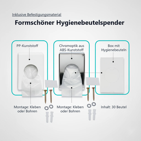 Formschöne Hygienebeutelspender aus PP-Kunststoff in Weiß und aus ABS-Kunststoff in Chromoptik, inklusive Befestigungsmaterial und Box mit Hygienebeuteln