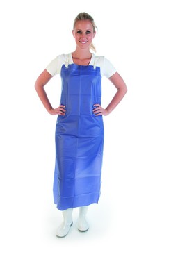 Blaue Vinyl-Latzschürze, Person mit Händen in den Hüften Blaue Vinyl-Latzschürze, Person mit Händen in den Hüften