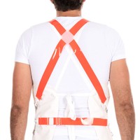Gekreuzte orange Rückengurte und Taillengurt der Kettenschürze