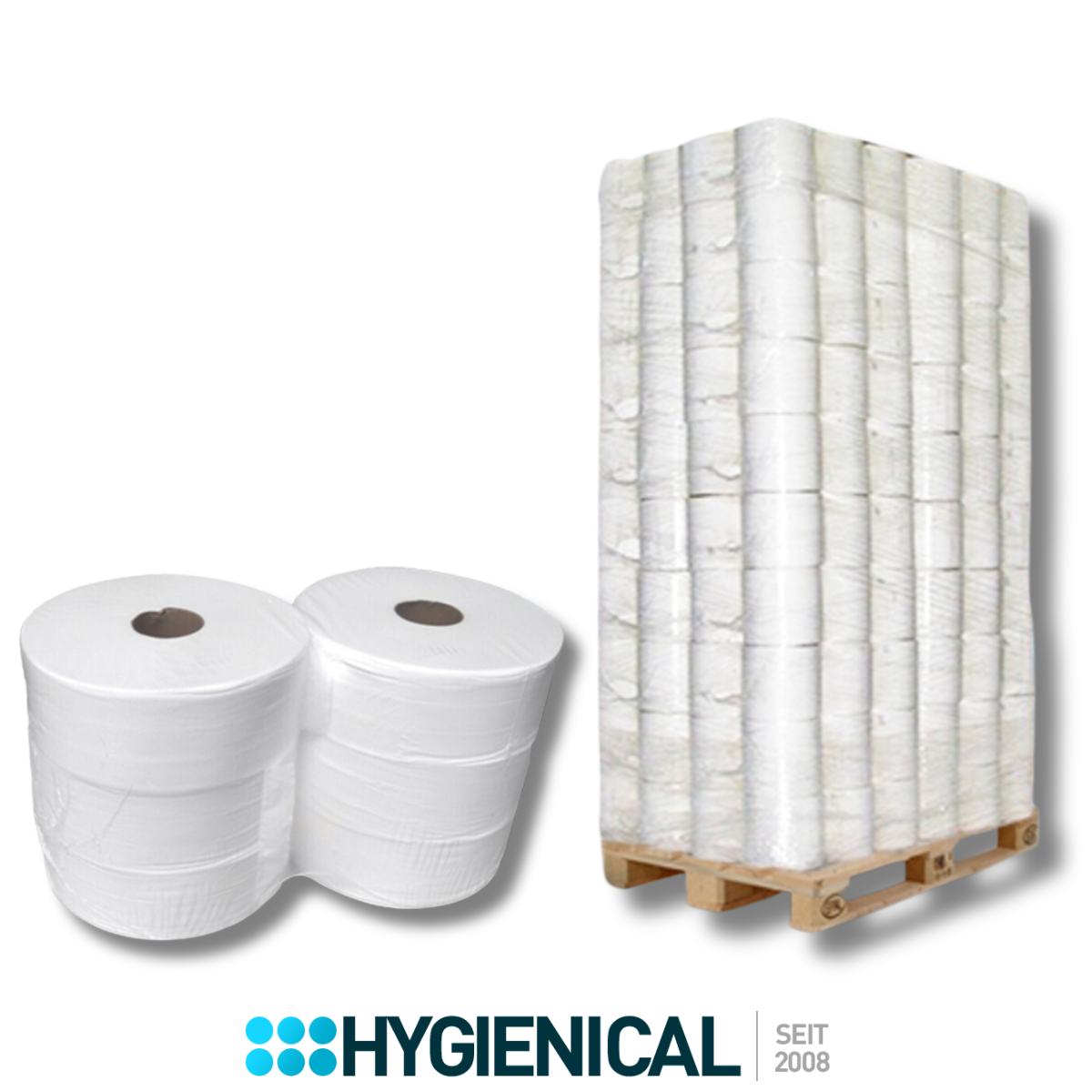 Palette mit gestapelten Jumbo-Toilettenpapierrollen neben zwei Folienpaketen Palette mit gestapelten Jumbo-Toilettenpapierrollen neben zwei Folienpaketen