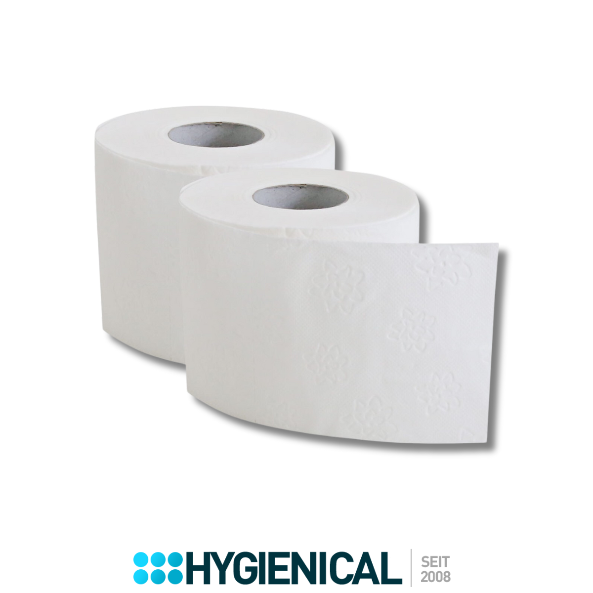 Zwei Rollen 3-lagiges Toilettenpapier mit Prägemuster, eine Rolle abgerollt Zwei Rollen 3-lagiges Toilettenpapier mit Prägemuster, eine Rolle abgerollt