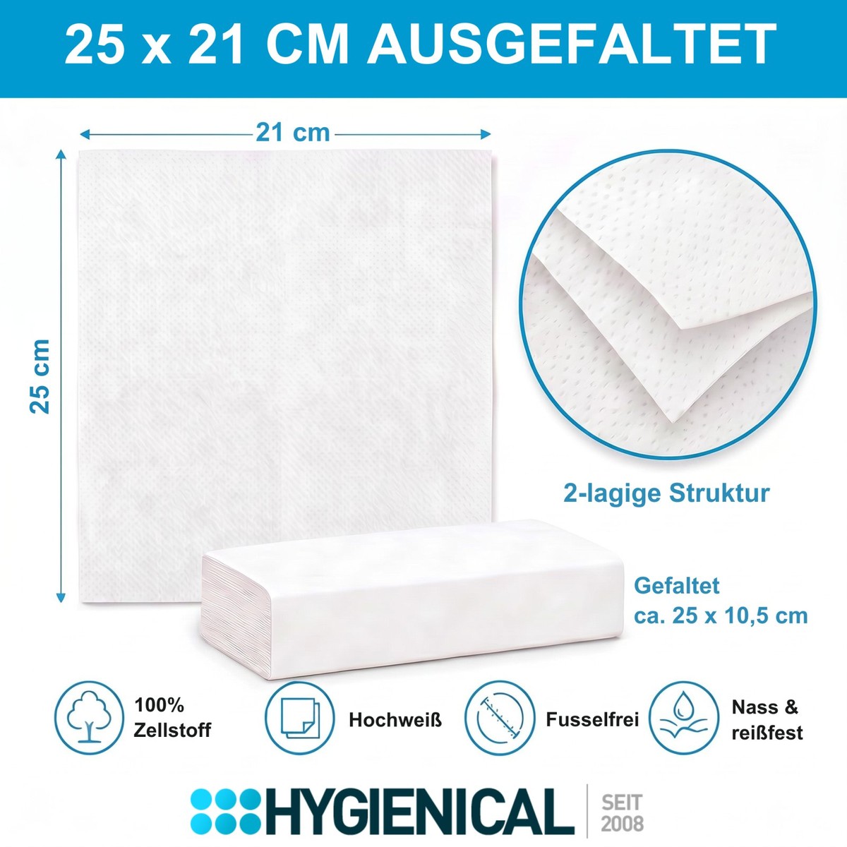 Premium Handtuchpapier 25 x 23 cm, 2-lagig, Zellstoff, hochweiß, Z-Falz