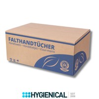 Brauner Karton Falthandtücher mit blauer Aufschrift und rundem blauem Siegel