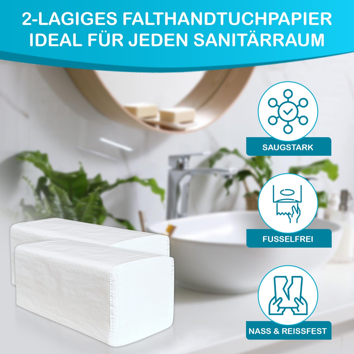Grafik Falthandtuchpapier für den Sanitärraum mit Waschbecken und Eigenschaften Grafik Falthandtuchpapier für den Sanitärraum mit Waschbecken und Eigenschaften