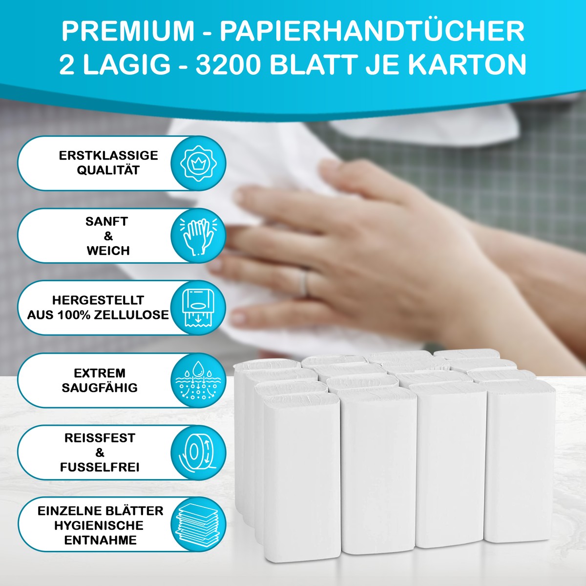 Grafik Papierhandtücher 2-lagig 3.200 Blatt je Karton mit Eigenschaftenliste Grafik Papierhandtücher 2-lagig 3.200 Blatt je Karton mit Eigenschaftenliste